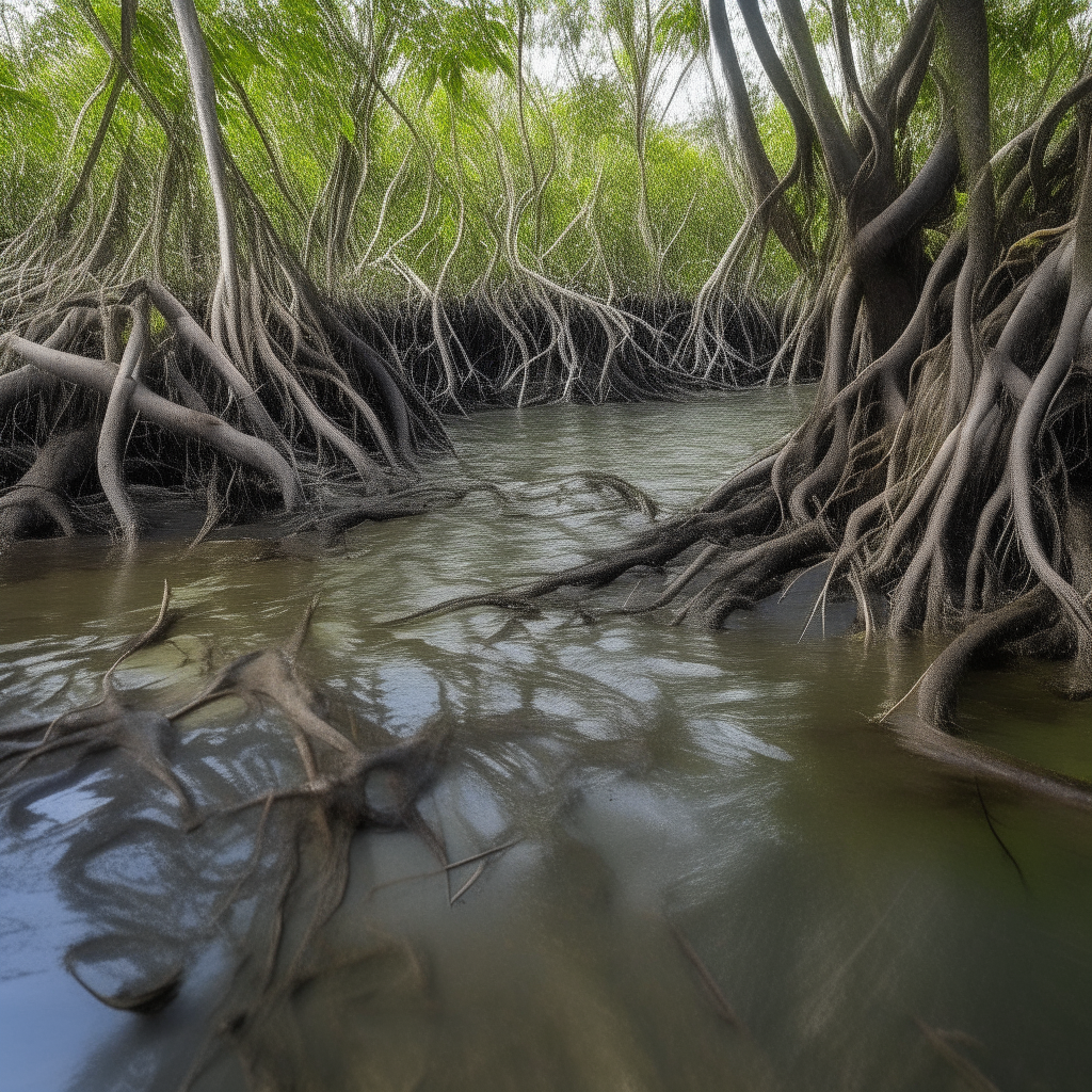 A mangrove forest, with roots weaving intricate patterns in tidal waters.