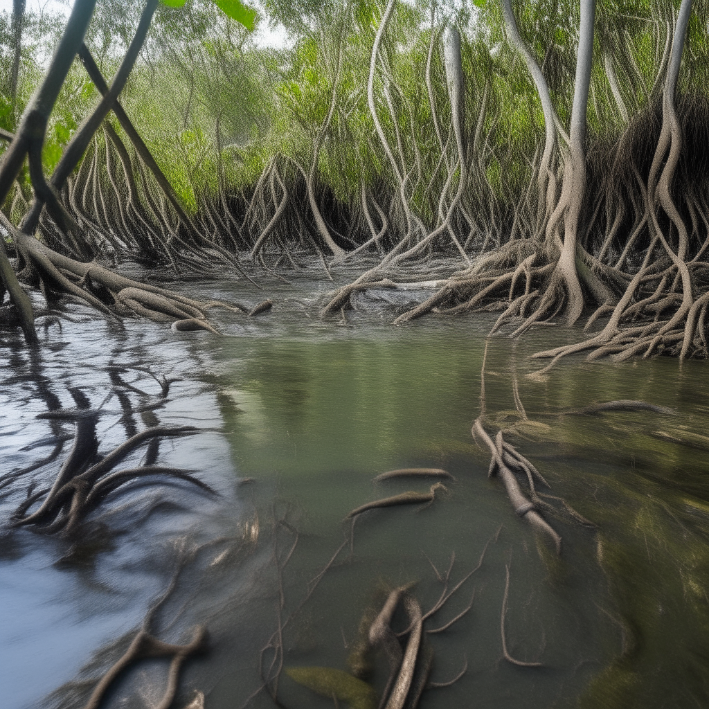 A mangrove forest, with roots weaving intricate patterns in tidal waters.