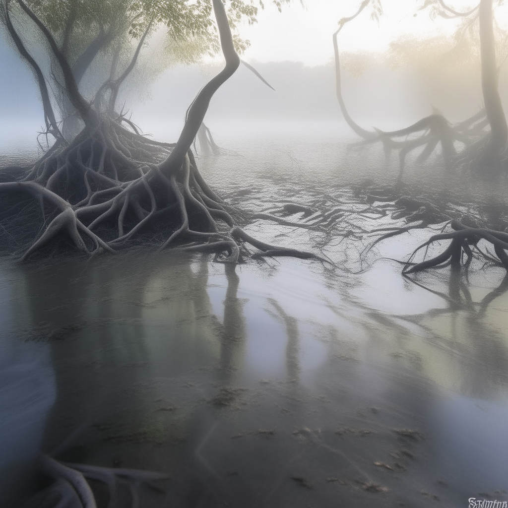 A mangrove forest, with roots weaving intricate patterns in tidal waters. in morning fog