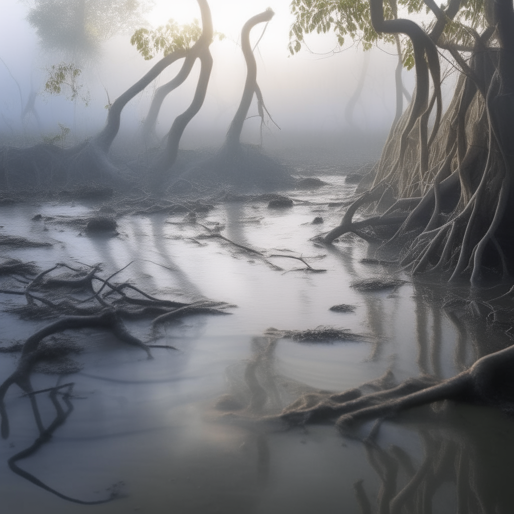 A mangrove forest, with roots weaving intricate patterns in tidal waters. in morning fog