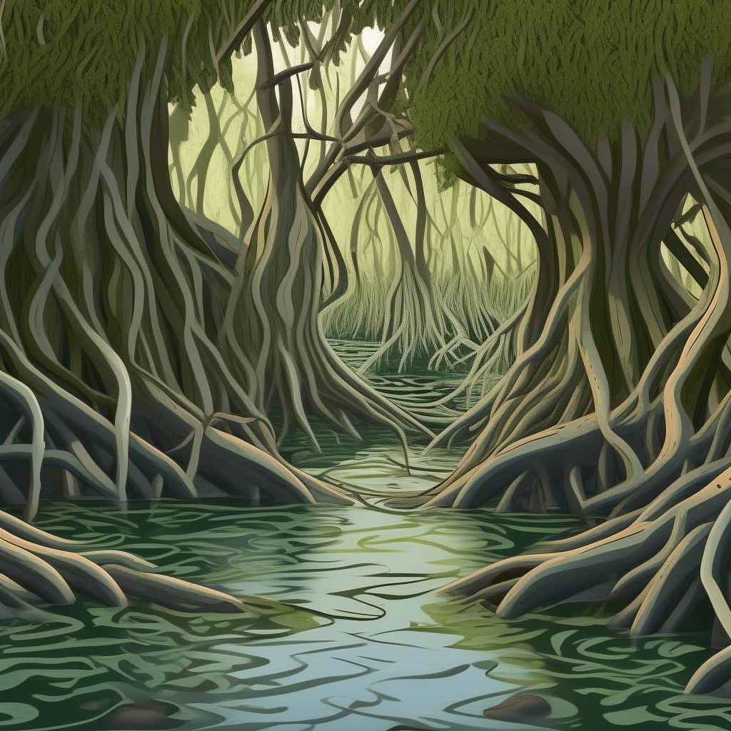 A 3D cartoon-style illustration of a mangrove forest, with thick tangled roots weaving intricate patterns above and below the tidal waters.