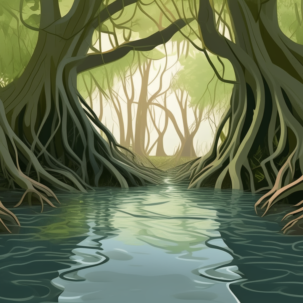 A 3D cartoon-style illustration of a mangrove forest, with thick tangled roots arching high above the water and dipping below the surface.