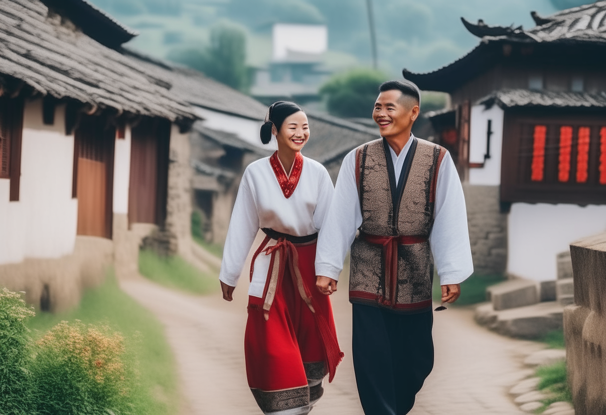 a Chinese couple wearing traditional clothing smiling and walking together through a rural Chinese village with old buildings and farmland