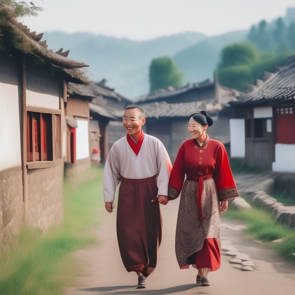 a Chinese couple wearing traditional clothing smiling and walking together through a rural Chinese village with old buildings and farmland, square aspect ratio