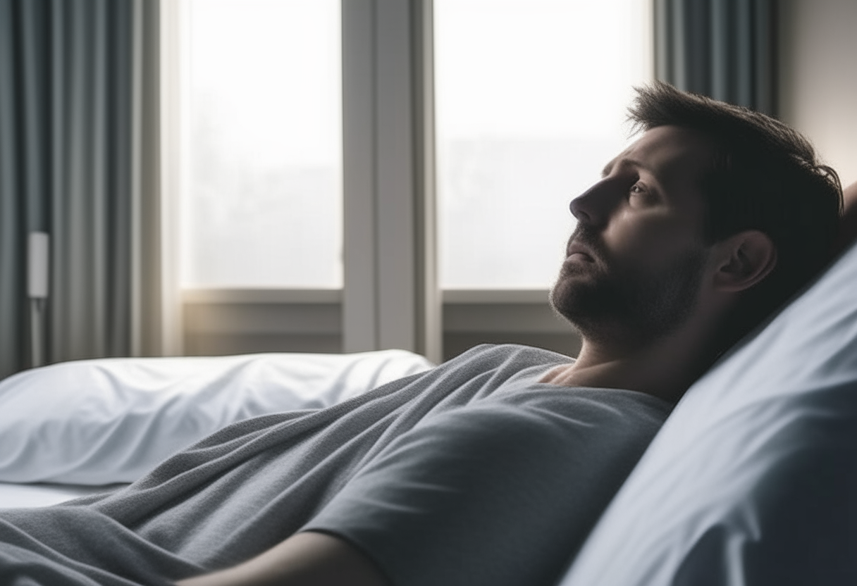 A man that is lying in the bed of hospital looking outside 