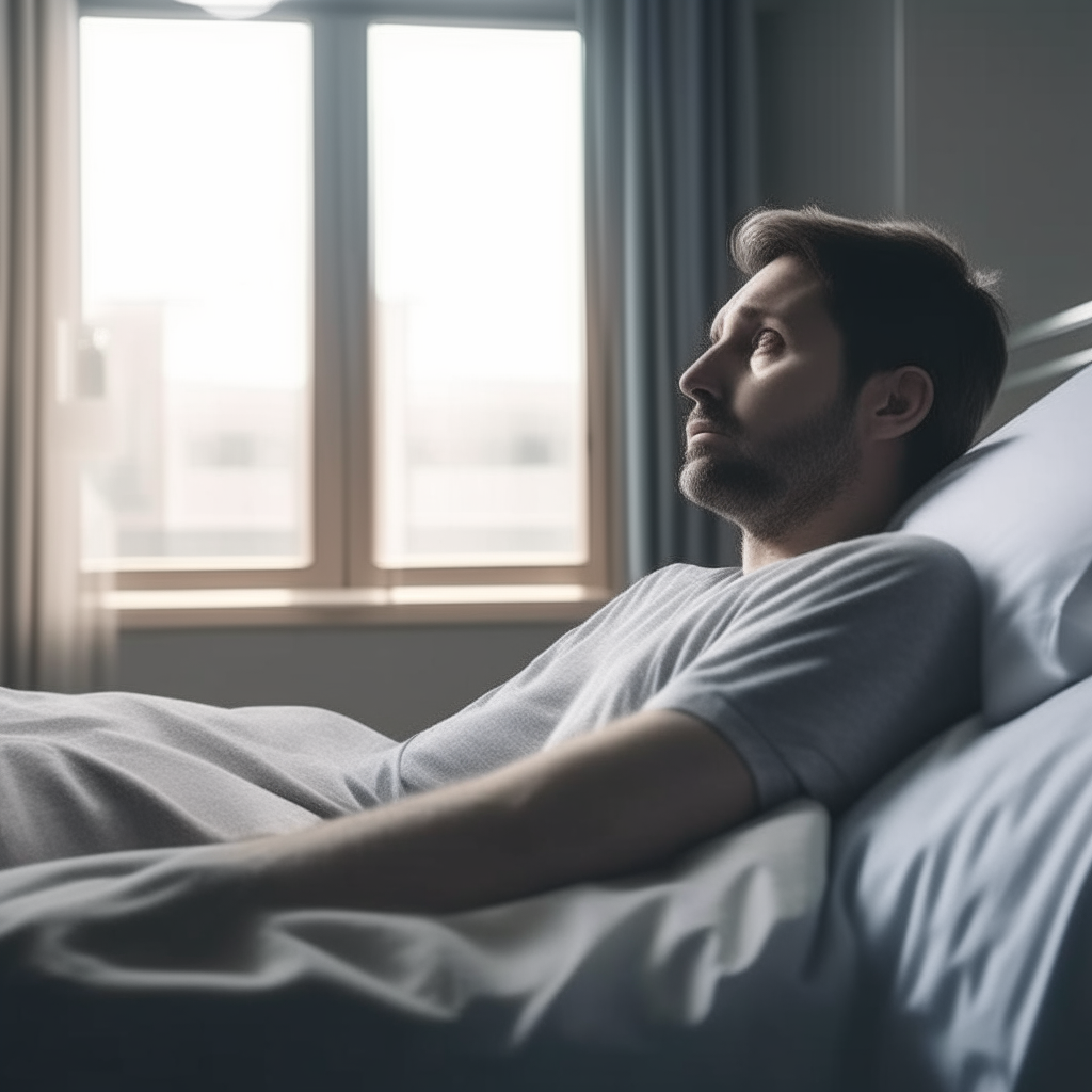 A man that is lying in the bed of hospital looking outside 