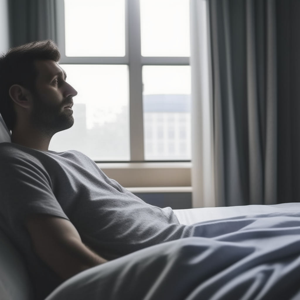 A man that is lying in the bed of hospital looking outside 