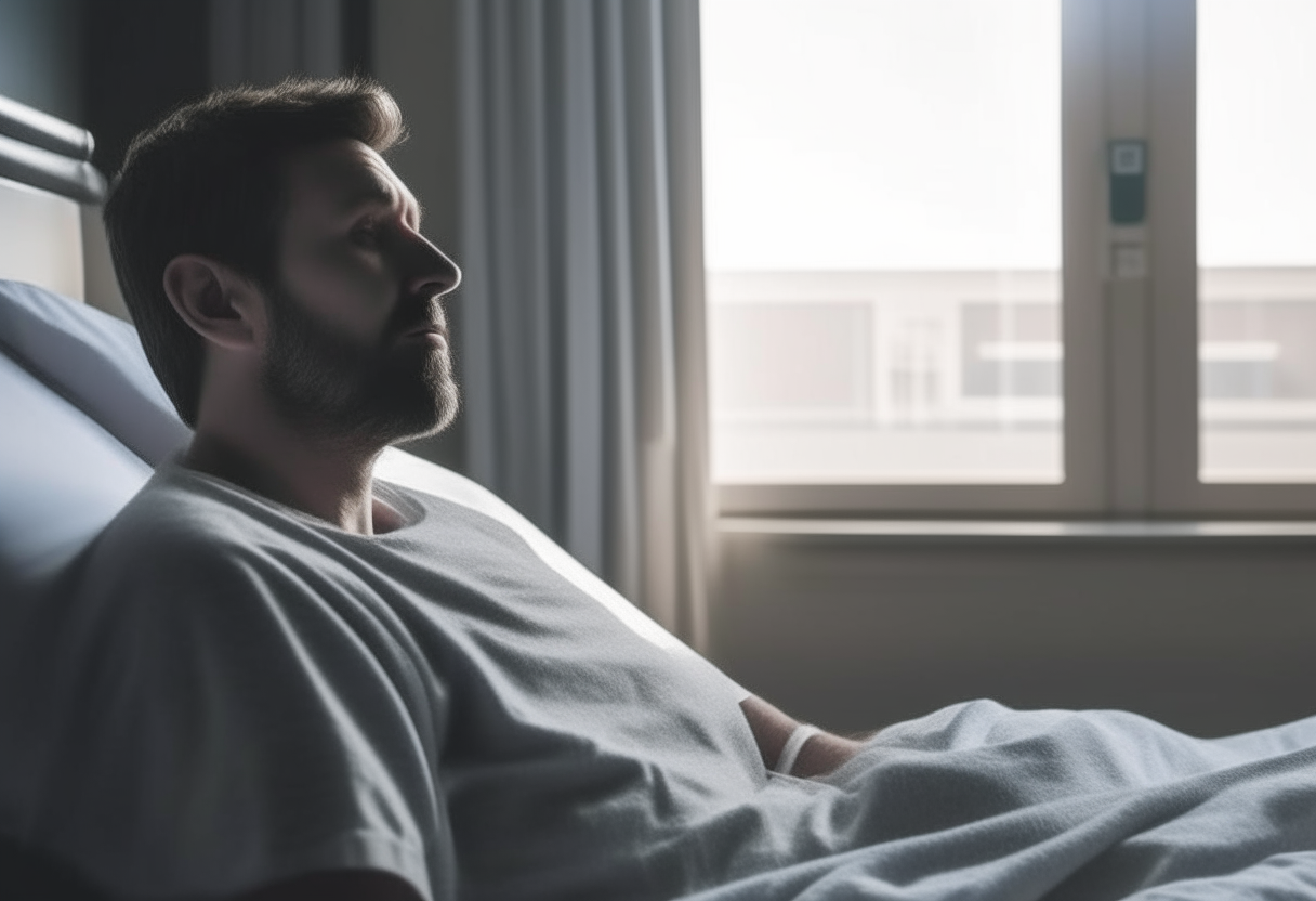 A man that is lying in the bed of hospital looking outside 