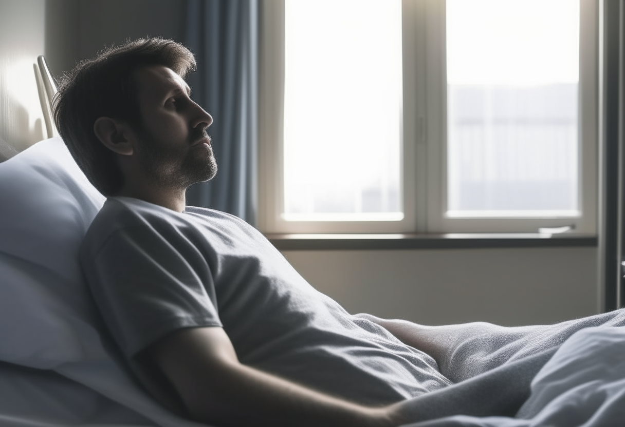 A man that is lying in the bed of hospital looking outside 