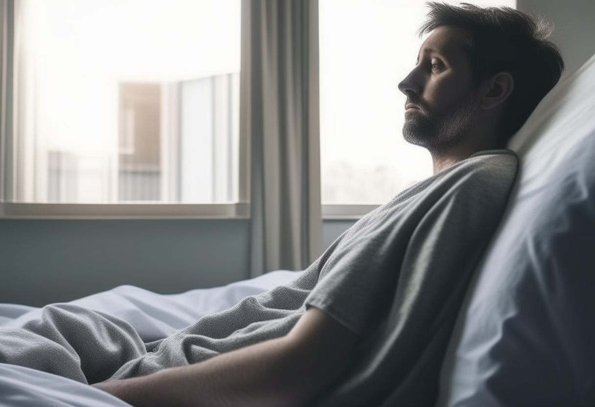 A man that is lying in the bed of hospital looking outside 