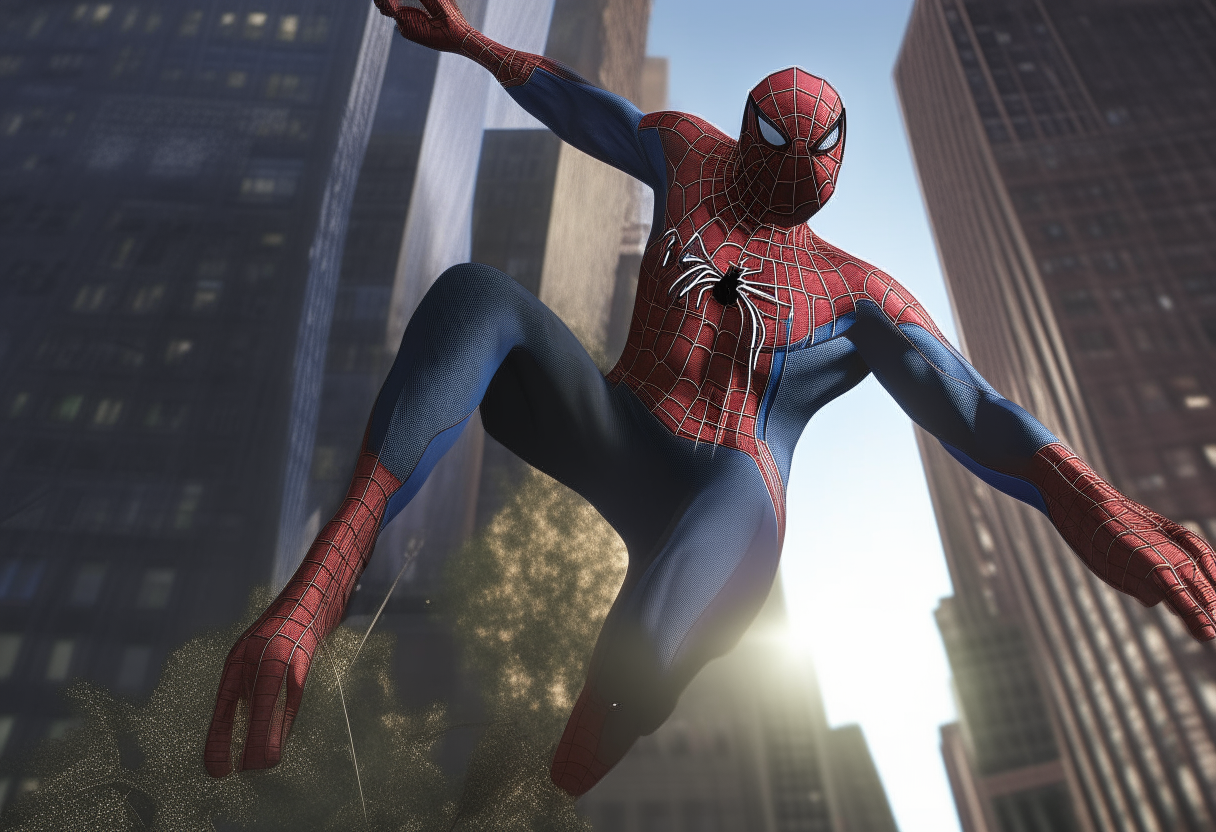 Spider-Man swinging between skyscrapers in New York City, photorealistic 4K portrait