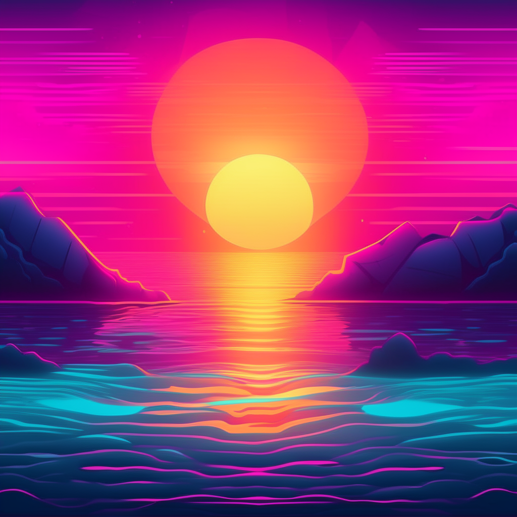 sunrise by an ocean in synth wave style