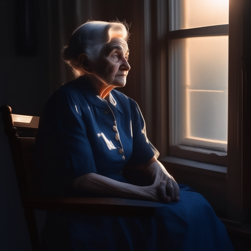 An elderly woman sits alone in a chair by a window, gazing outside as the sun sets. She wears a simple blue dress and has short gray hair, wrinkles, and sad eyes. Her hands are folded in her lap as she quietly reflects on memories of her life before death.
