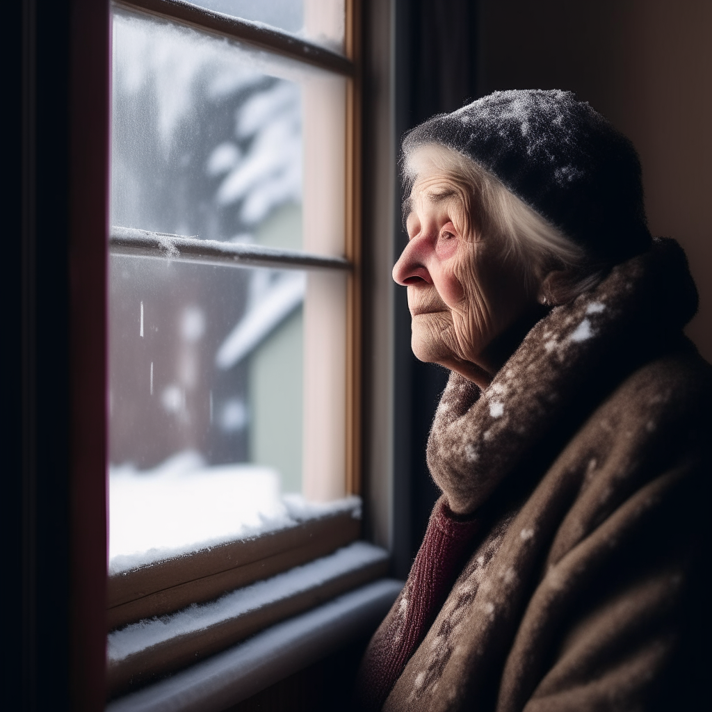 An elderly woman gazes out the window of her home, watching the snow fall as she thinks of family members who have passed