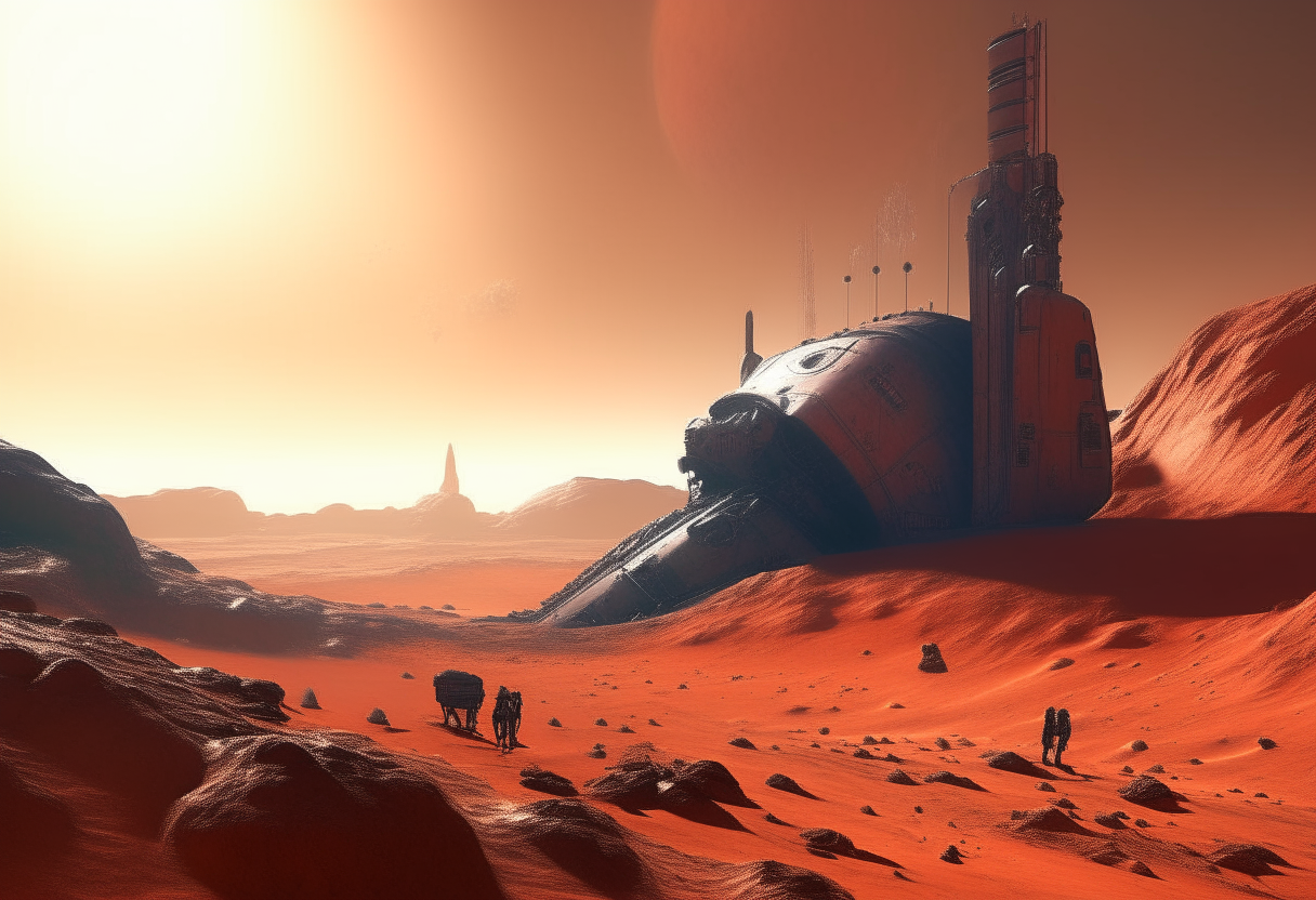 A vast red desert planet with towering rock formations under two suns, and in the distance a mining unit deployed on treads is extracting resources from the rust-colored sands