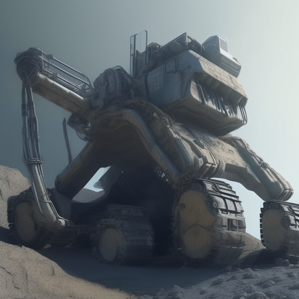 A futuristic mining unit with treads and an articulated mechanical arm used for breaking up soil and vacuuming regolith on an alien planet, side view, 4K resolution