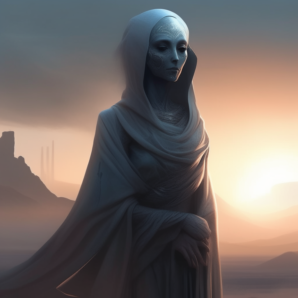 A grey alien woman in a flowing robe, her large dark eyes gazing into the distance on an alien world at dusk, concept art