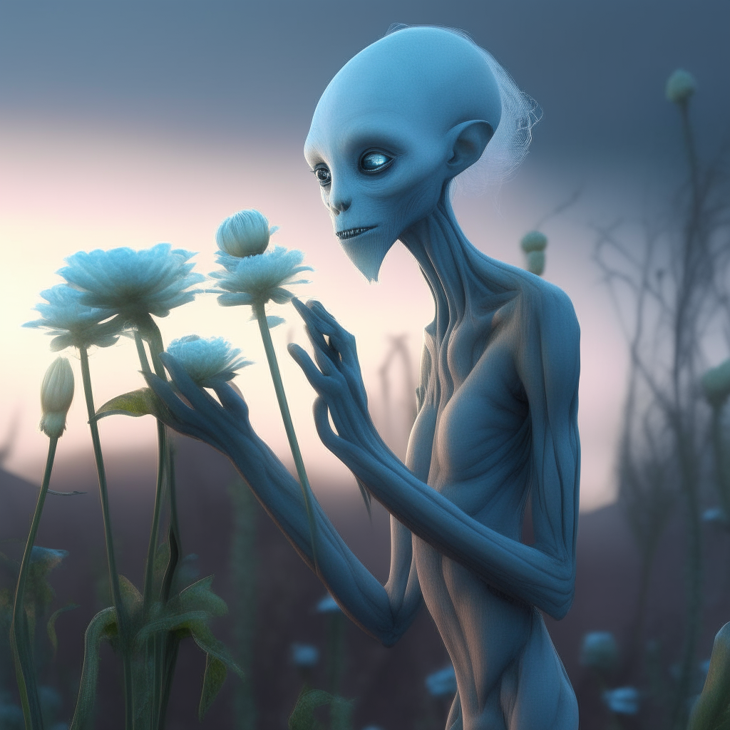 A tall, slender grey alien woman with pale blue skin and large black eyes, her long thin fingers gently touching a flowering plant on an alien world at dusk, concept art