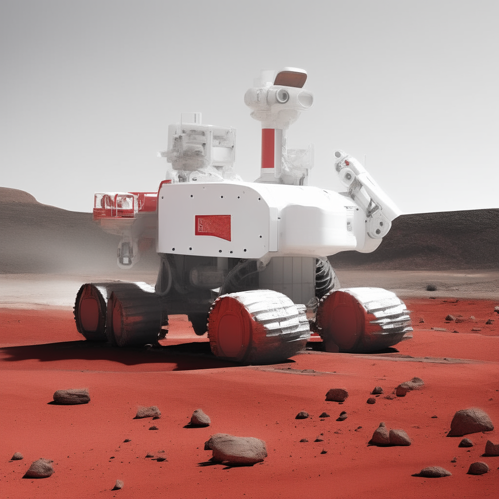 A 15-meter automated excavator prototype painted in a red and white livery, equipped with dual articulated robotic arms, being tested on the surface of Mars to break up regolith for analysis