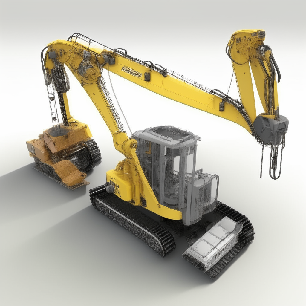 A 3D rendered technical diagram of the 15-meter excavator's dual-arm manipulator system and sensor array