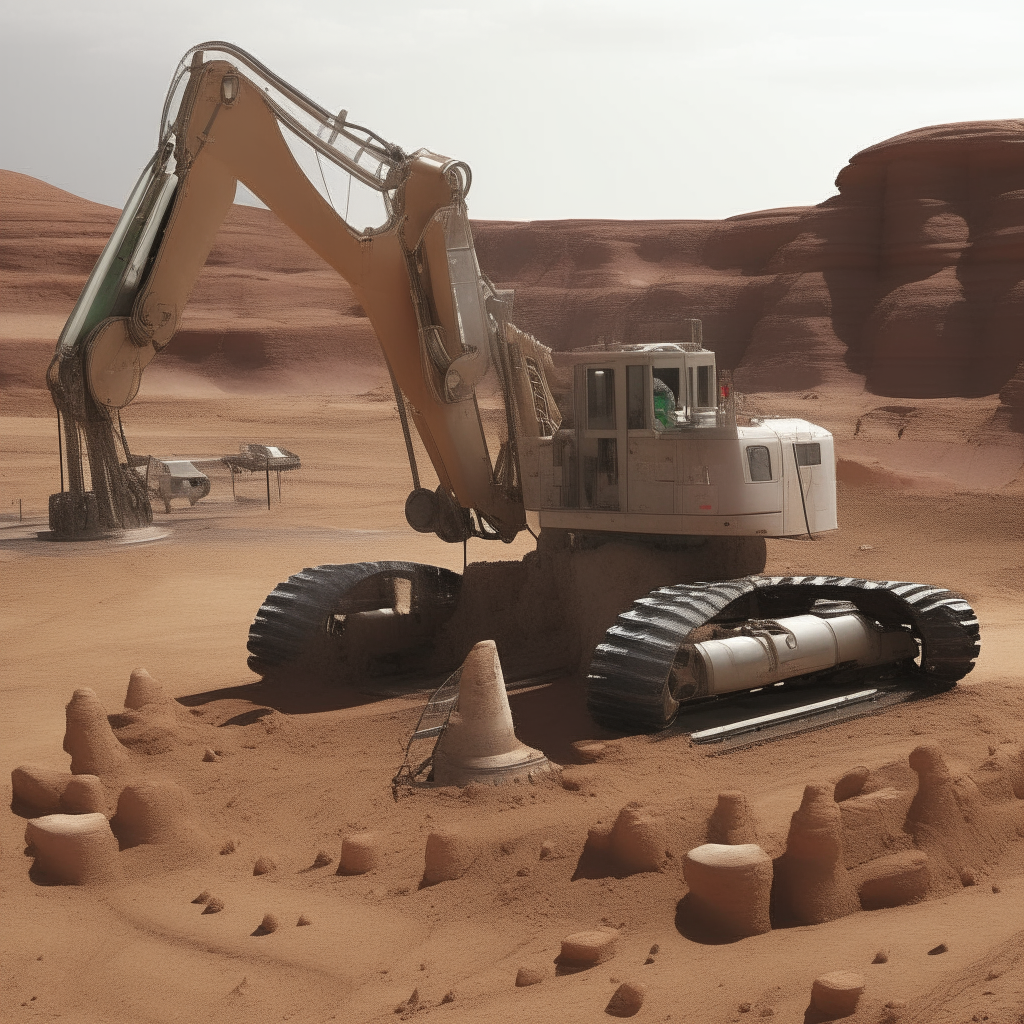 The 15-meter excavator in operation, using its robotic arms to break up regolith samples on the Martian surface under the supervision of engineers