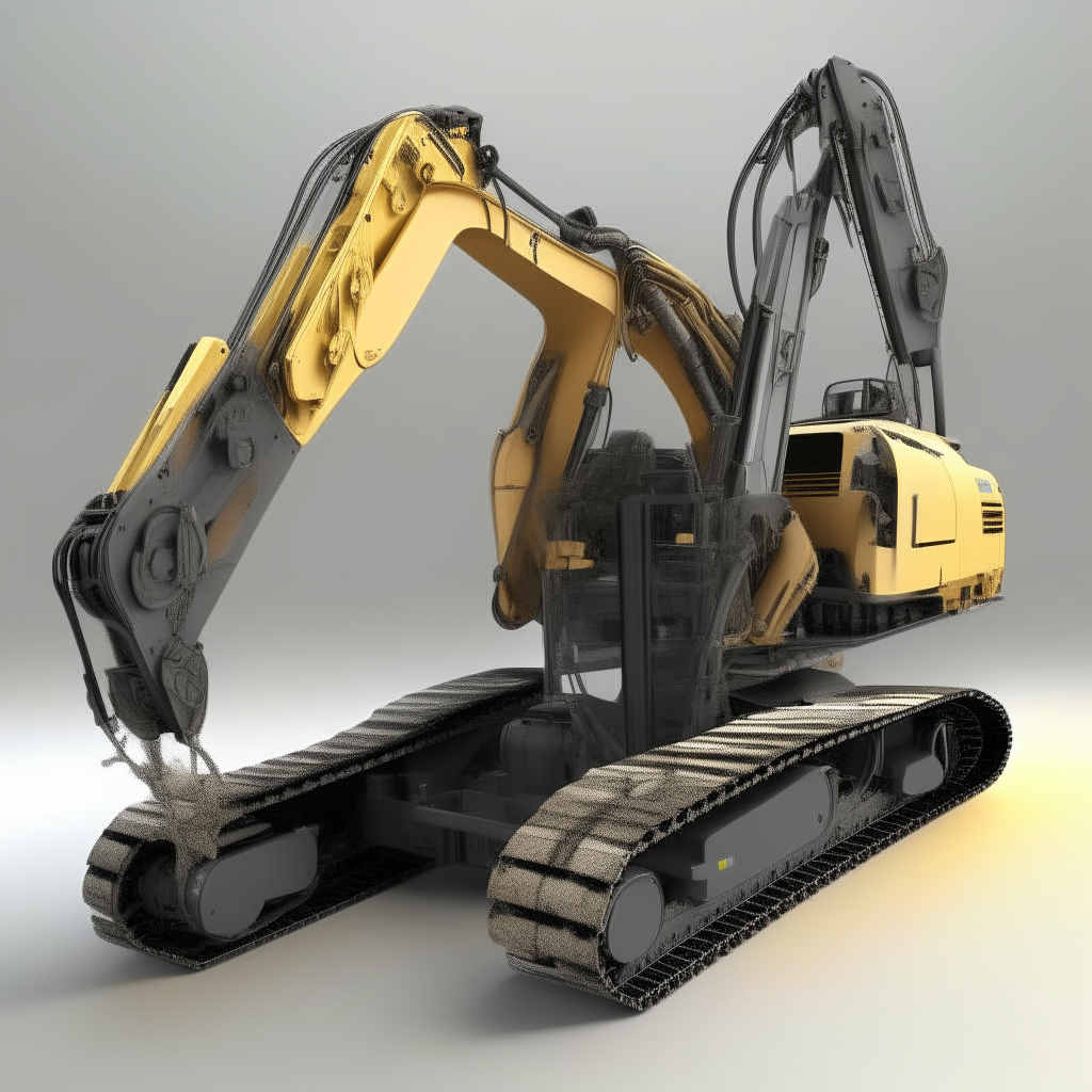 A highly detailed 3D rendering of the excavator's dual-arm manipulator system, showing hydraulic joints, sensors and carbon fiber construction