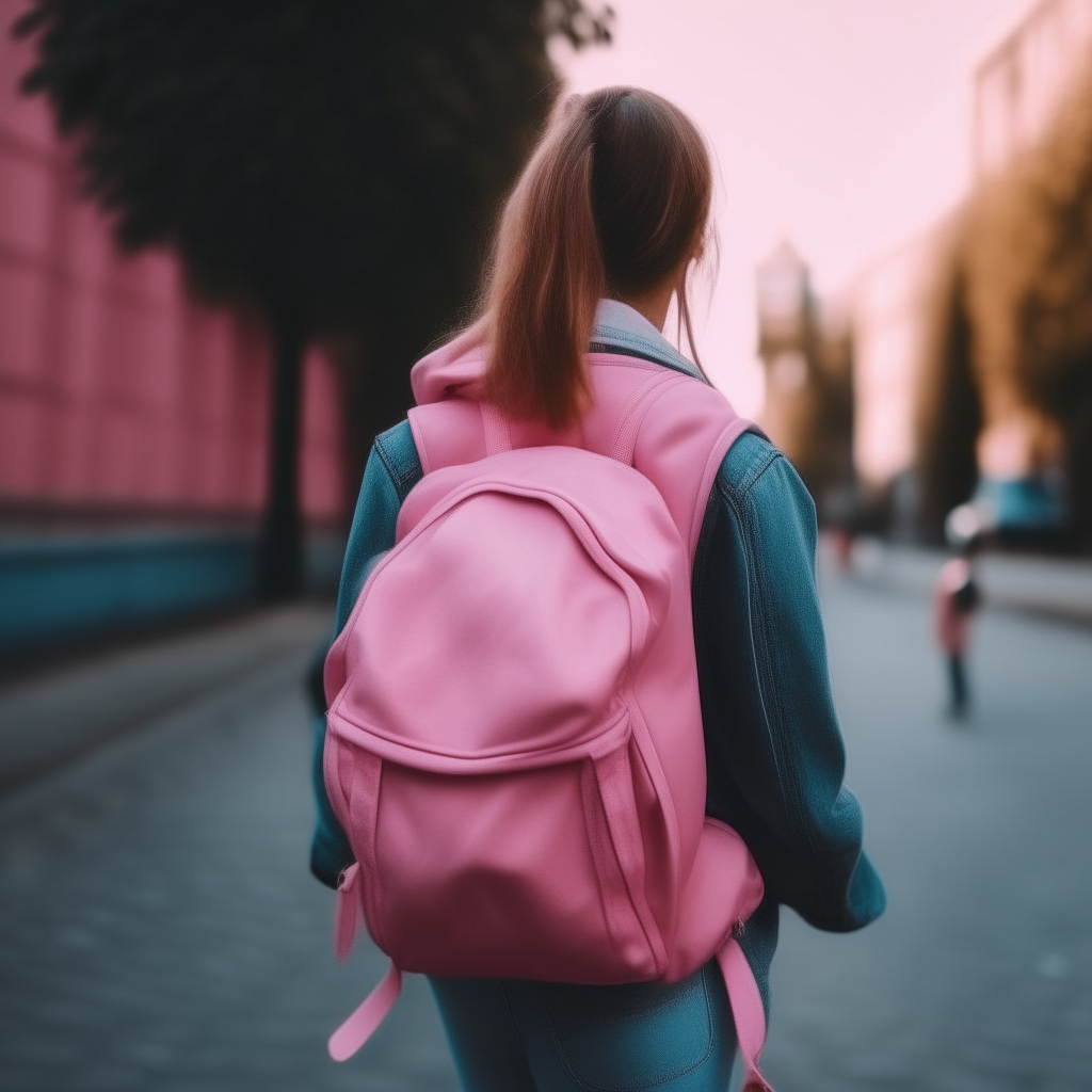 a back view of the girl with pink backpack and purse walking away from the camera