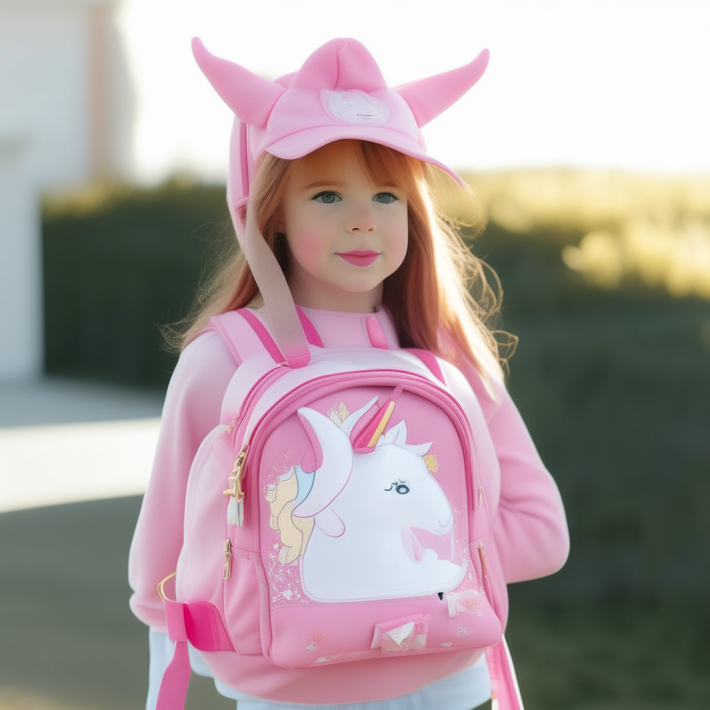 a front view of the girl with a pink unicorn backpack and pink unicorn purse standing with a hat on her head and her hands on her hips