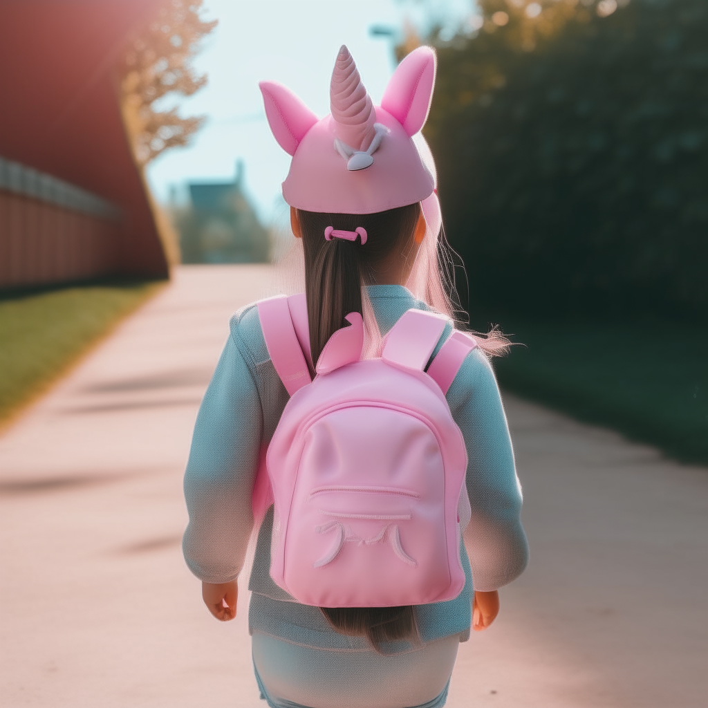 a back view of the girl with a pink unicorn backpack and pink unicorn purse walking away from the camera with a hat on her head