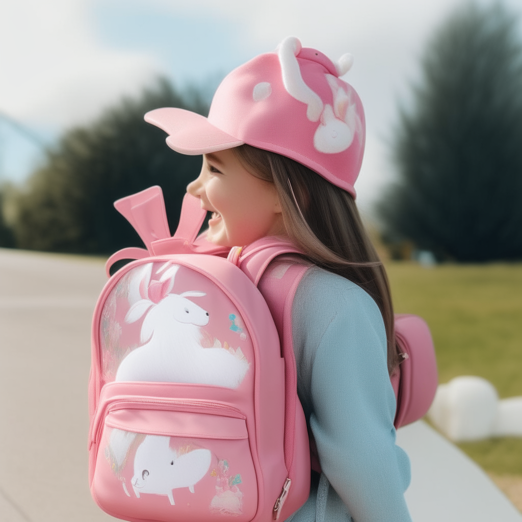 a three-quarter side view of the girl looking over her shoulder with a smile, wearing a hat and carrying a pink unicorn backpack and pink unicorn purse