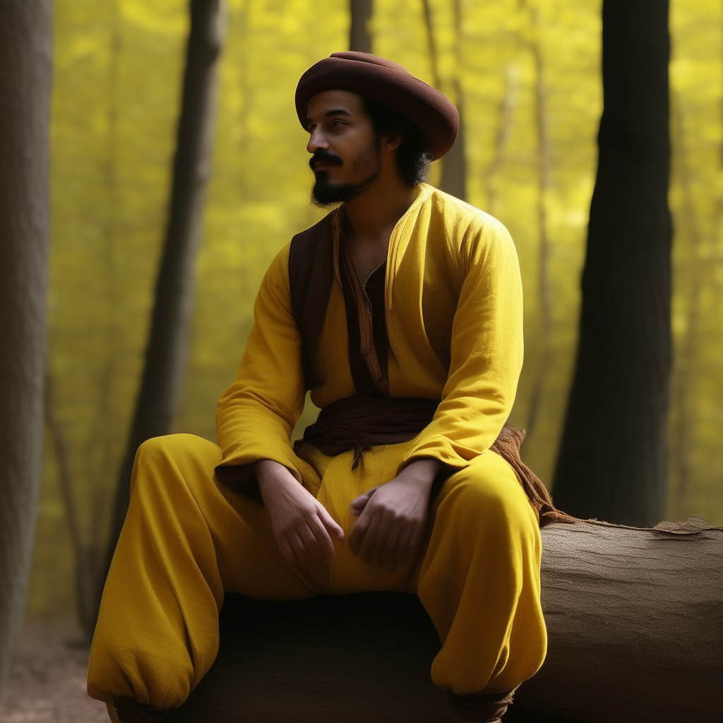 Ali Baba, un bûcheron arabe vêtu d'une chemise marron, d'un pantalon jaune et d'un chapeau noir, coupe du bois dans des bûches à l'intérieur de la forêt.