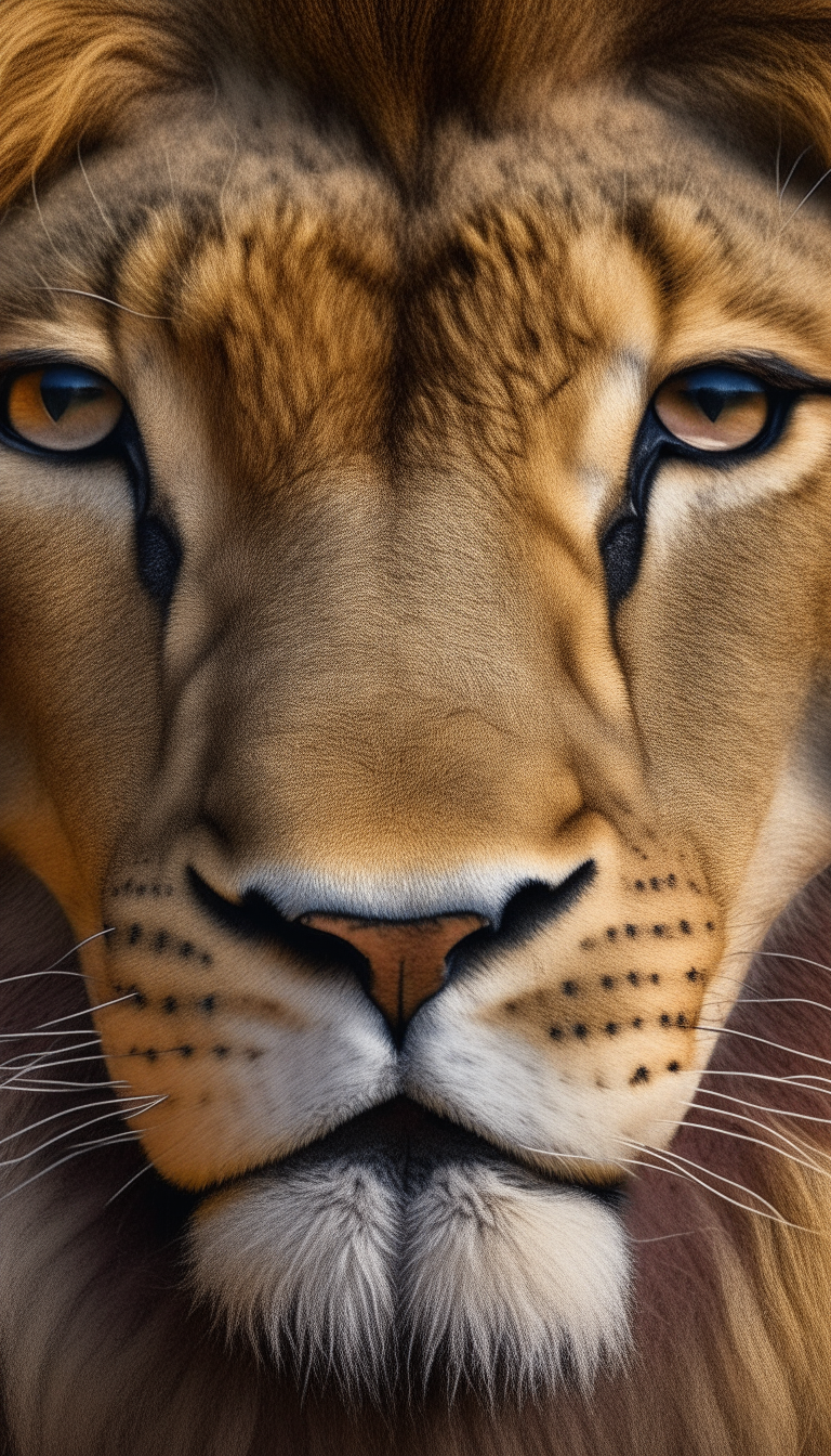 A close up of a lion's face, its mane wild and untamed, its expression a mix of regal pride and primal ferocity. The intricate details of its fur and whiskers are rendered in stunning realism, making you feel as if you could reach out and touch this magnificent creature.