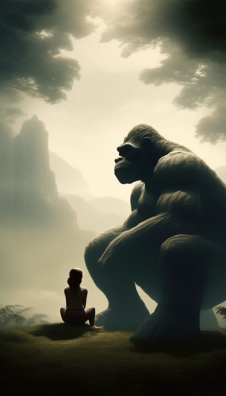 In a peaceful clearing, a woman sits in a meditative pose, her hands resting on her knees. Behind her, a colossal kingkong stands tall, its massive form casting a shadow over the tranquil scene. The woman's serene expression suggests a deep connection with the powerful creature before her.