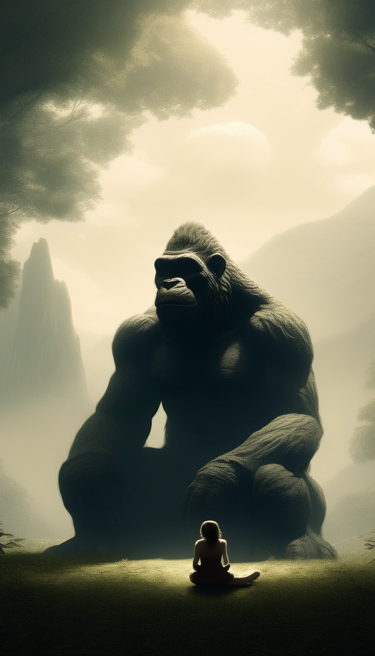 In a peaceful clearing, a woman sits in a meditative pose, her hands resting on her knees. Behind her, a colossal kingkong stands tall, its massive form casting a shadow over the tranquil scene. The woman's serene expression suggests a deep connection with the powerful creature before her.