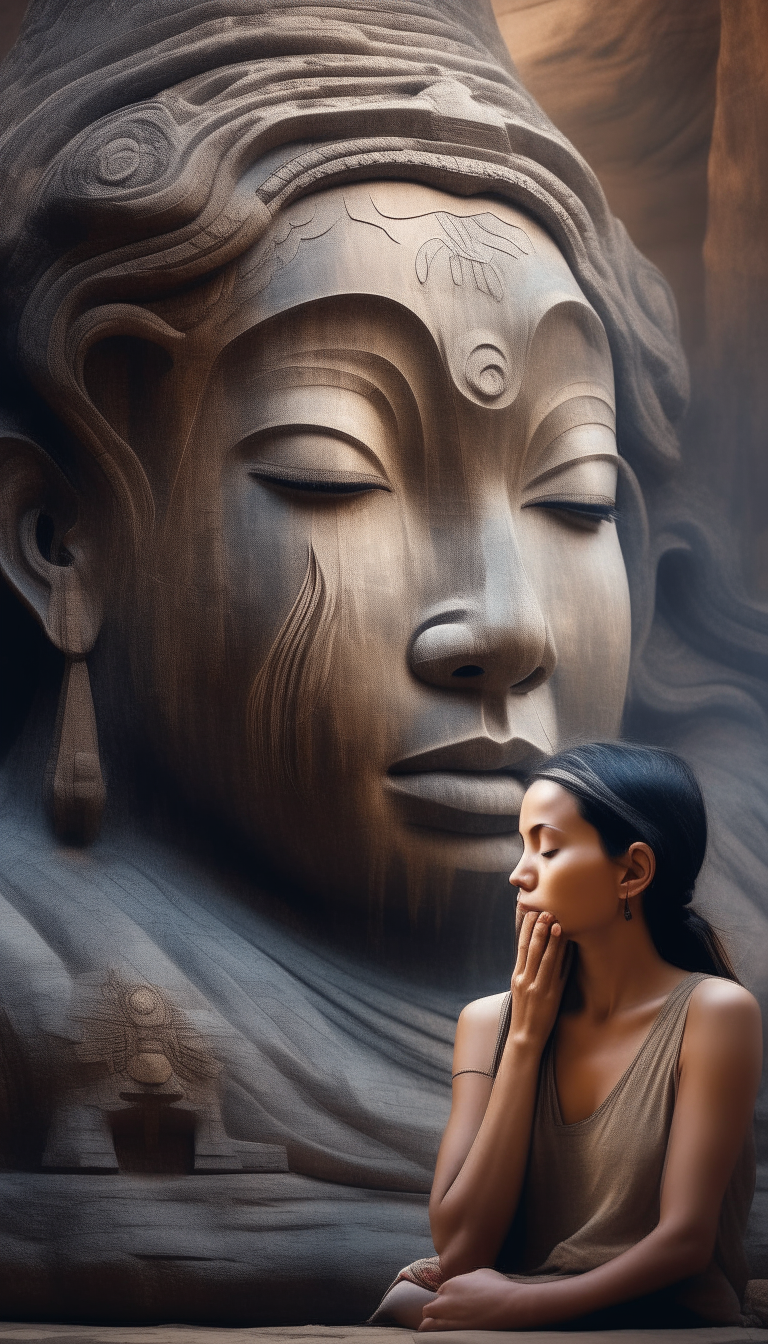 A serene woman sits in a meditative pose, her eyes closed in deep concentration. Behind her, the colossal face of a kinkong looms, its features etched with ancient wisdom and power. The contrast between the peaceful figure and the imposing creature creates a sense of awe and wonder.