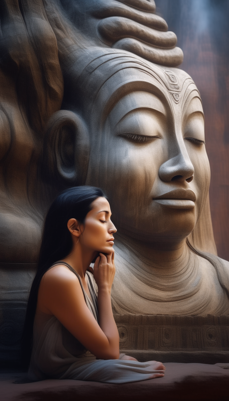 A serene woman sits in a meditative pose, her eyes closed in deep concentration. Behind her, the colossal face of a kinkong looms, its features etched with ancient wisdom and power. The contrast between the peaceful figure and the imposing creature creates a sense of awe and wonder.