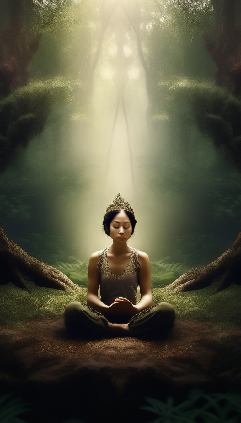 In a tranquil forest clearing, a woman sits cross-legged in a meditative pose. As she closes her eyes, the massive face of a kinkong appears before her, its expression inscrutable and mysterious. The scene is both surreal and captivating, inviting the viewer to contemplate the connection between the human and the divine.