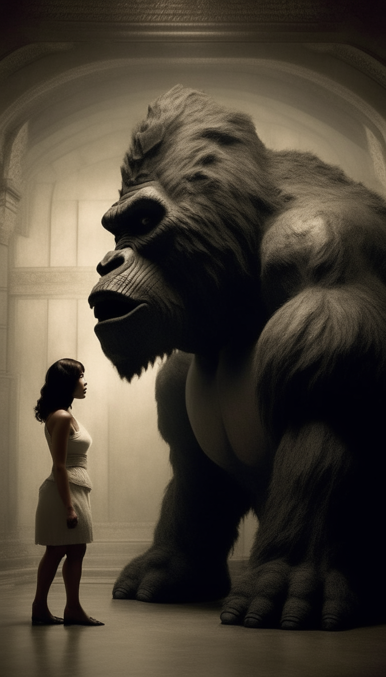 The woman's delicate frame is dwarfed by the massive head of KingKong, yet she stands confidently, her hand resting on the beast's fur as she gazes up at him with admiration and respect.