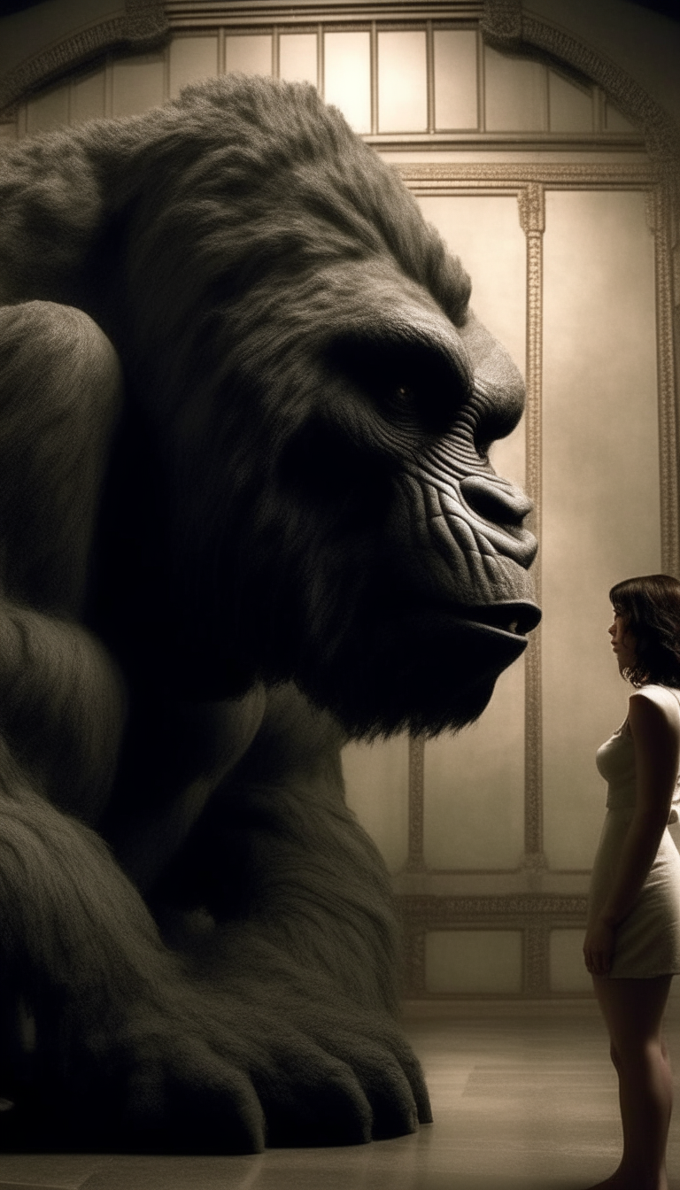 The woman's delicate frame is dwarfed by the massive head of KingKong, yet she stands confidently, her hand resting on the beast's fur as she gazes up at him with admiration and respect.