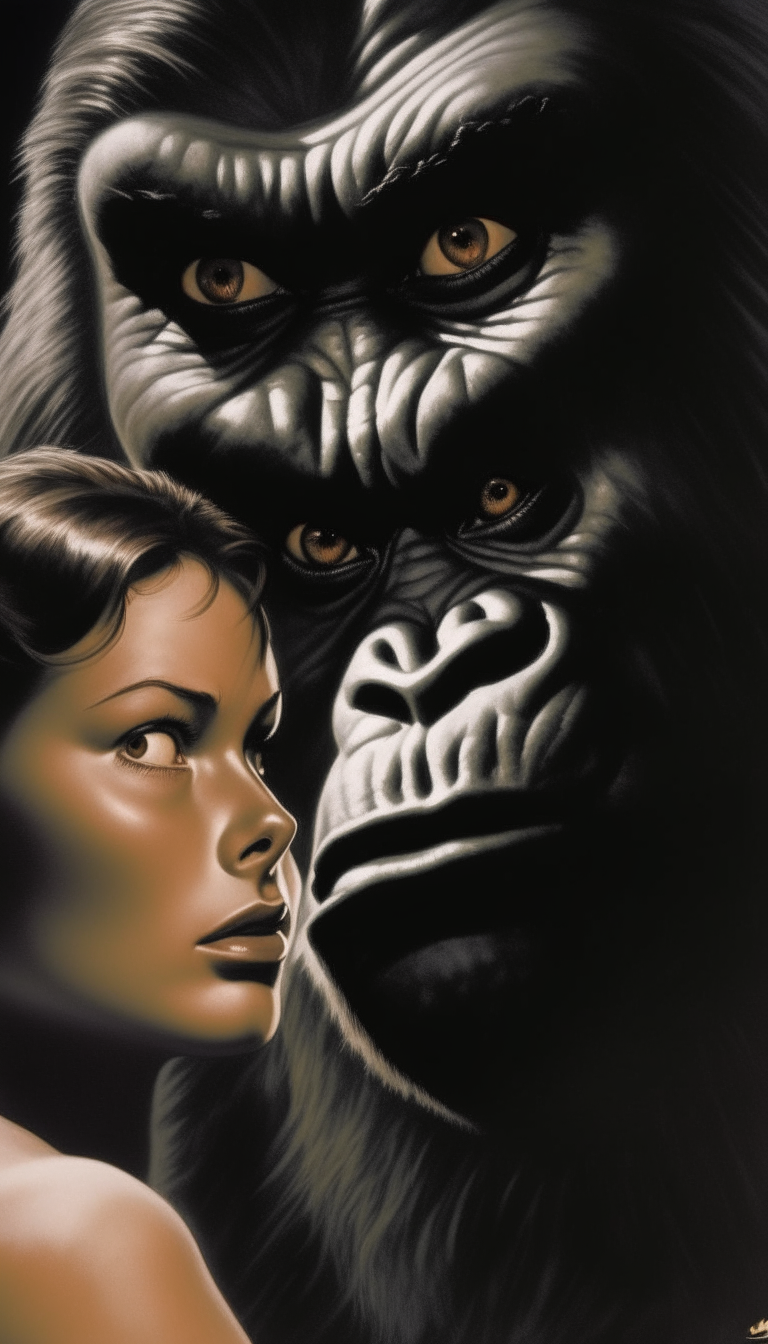 The colossal face of kingkong, his eyes locked onto the woman in his hand, a mix of tenderness and ferocity in his expression.