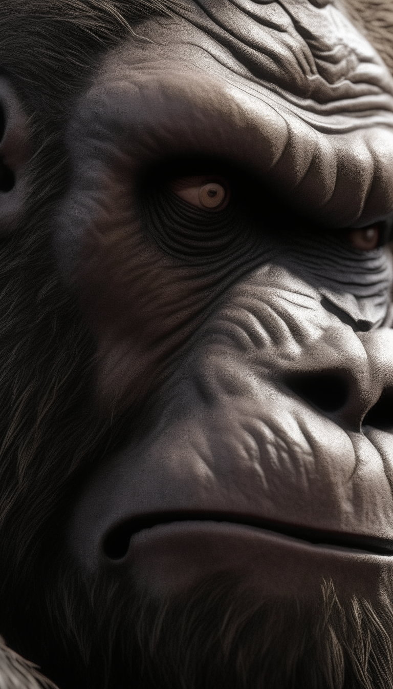 A fierce and detailed close up of KingKong's face, with every hair and wrinkle rendered in stunning realism.