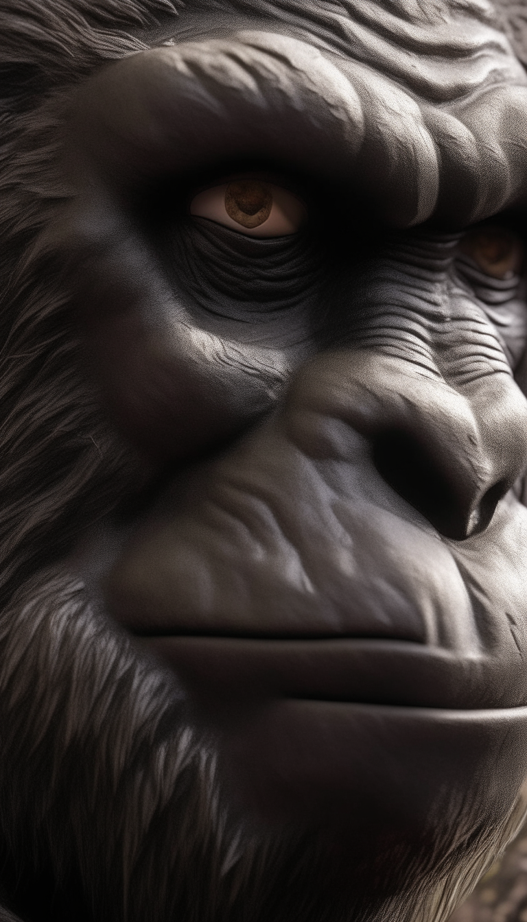 A fierce and detailed close up of KingKong's face, with every hair and wrinkle rendered in stunning realism.