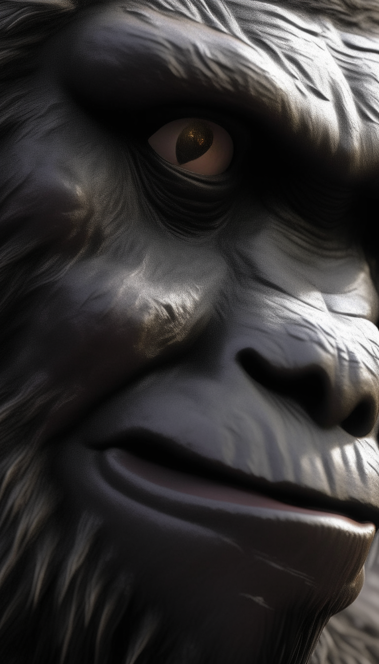 A hyper-realistic, fierce and detailed close up of King Kong's face, with every hair and wrinkle rendered in stunning detail.