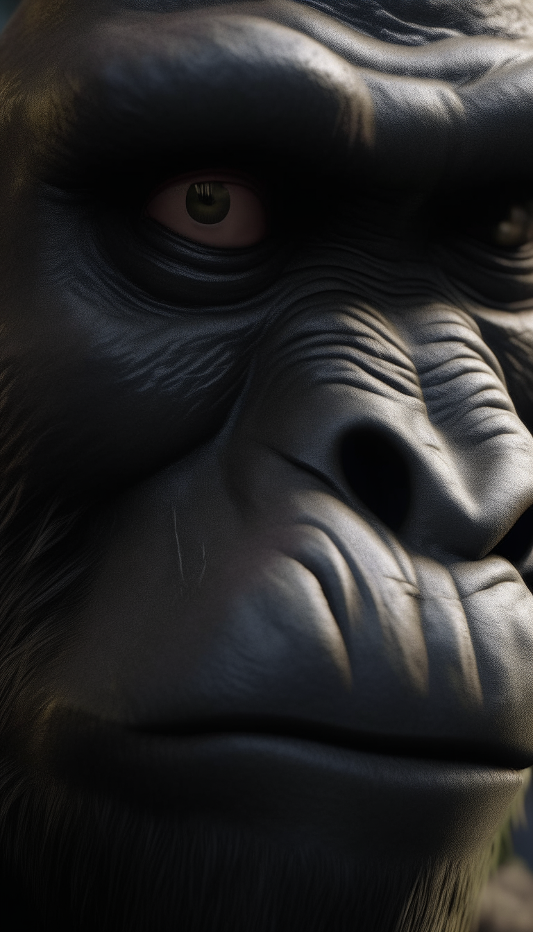 An extremely close, hyper-detailed zoom of King Kong's face, rendered at 8K resolution in a realistic style.