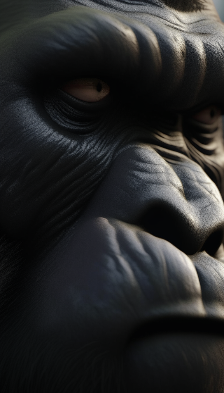 An extremely close, hyper-detailed zoom of King Kong's face, rendered at 8K resolution in a realistic style.