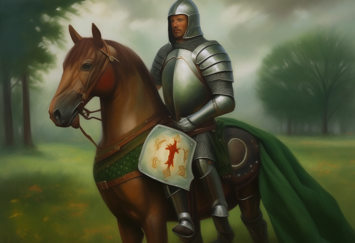 an oil painting portrait of a medieval knight in armor on a horse holding a sword and shield in a green field