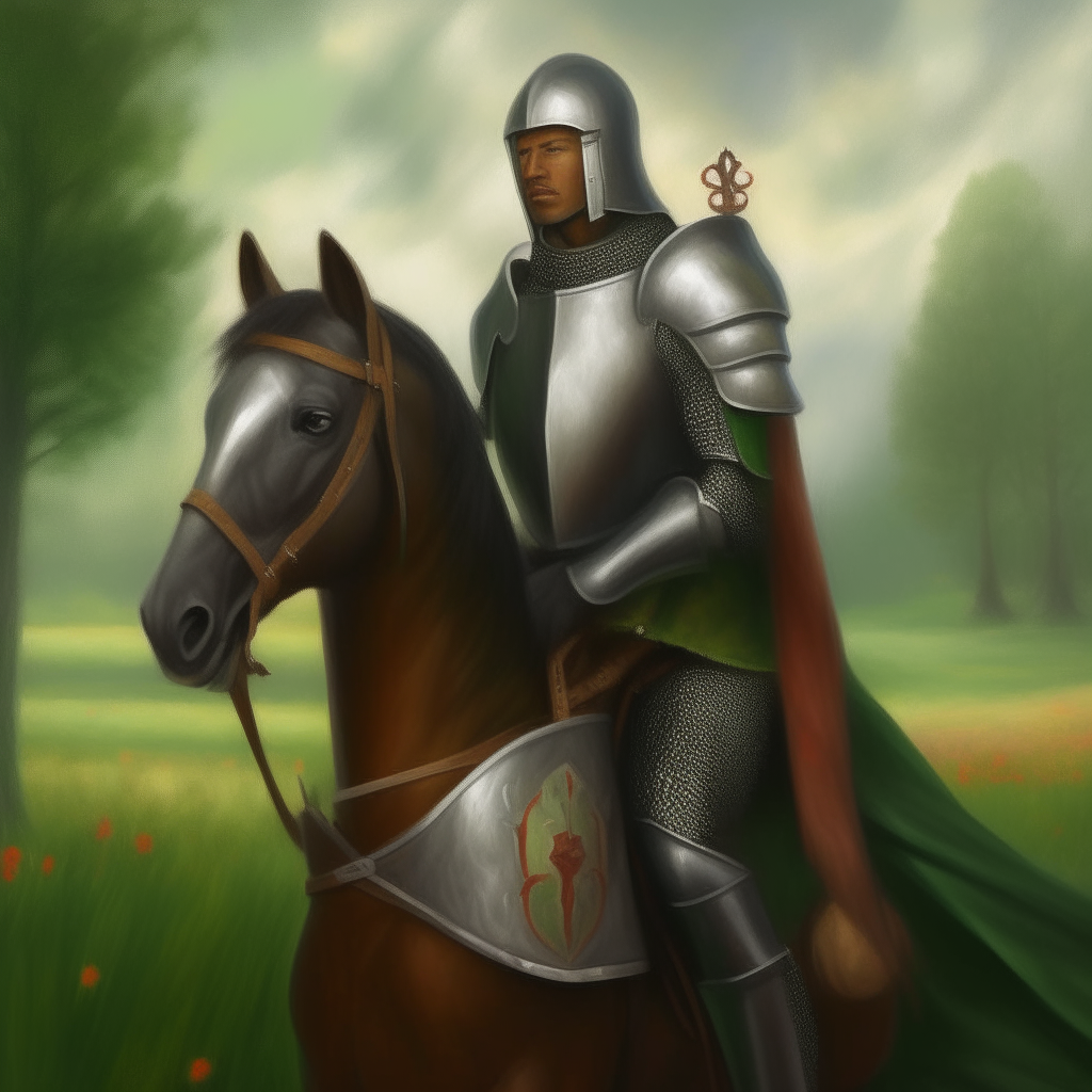 an HDR oil painting portrait of a black medieval knight in armor on a horse holding a sword and shield in a green field, square aspect ratio