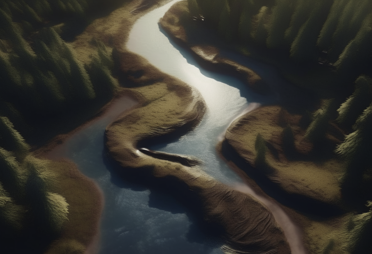 A photorealistic image of a winding river flowing through a forest, with the river made of dark roasted coffee instead of water. 4K resolution.