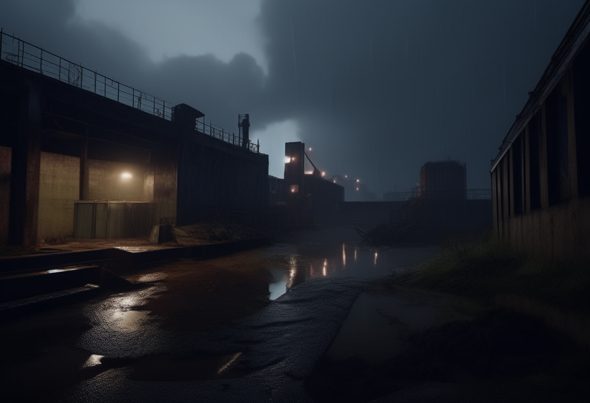 A dark and rainy night scene of an abandoned industrial area. In the foreground is a wide, fast-flowing river made of dark coffee instead of water. On either side are crumbling concrete structures and rusting machinery silhouetted against the sky. 4K resolution.