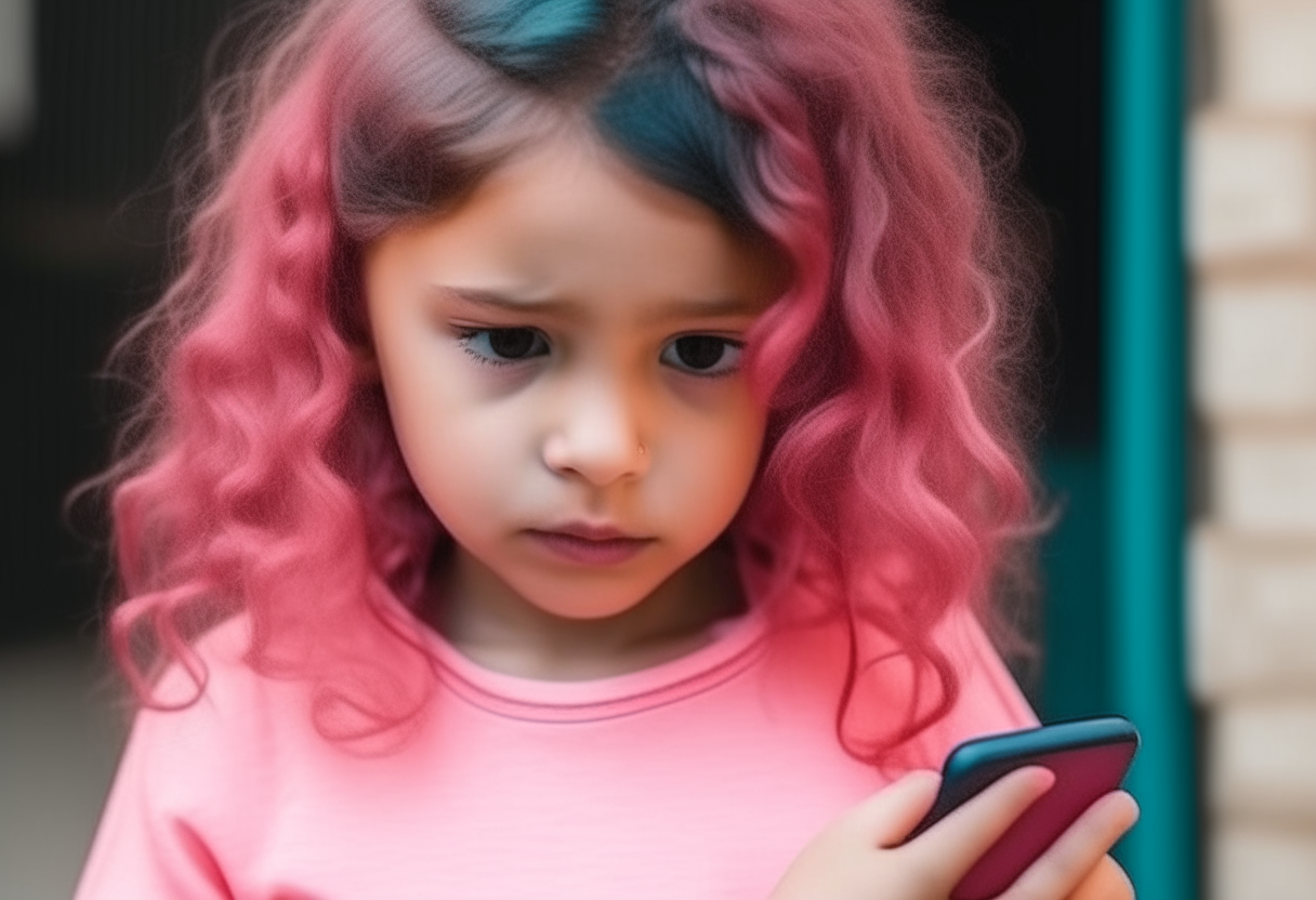 Una niña  con el pelo rosa sosteniendo un phone


